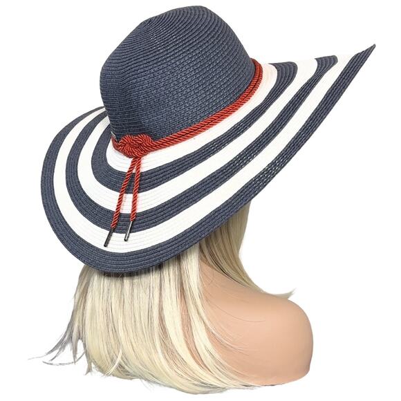 Striped Black and White Sun Hat with Red Accent - Picture 12 of 14